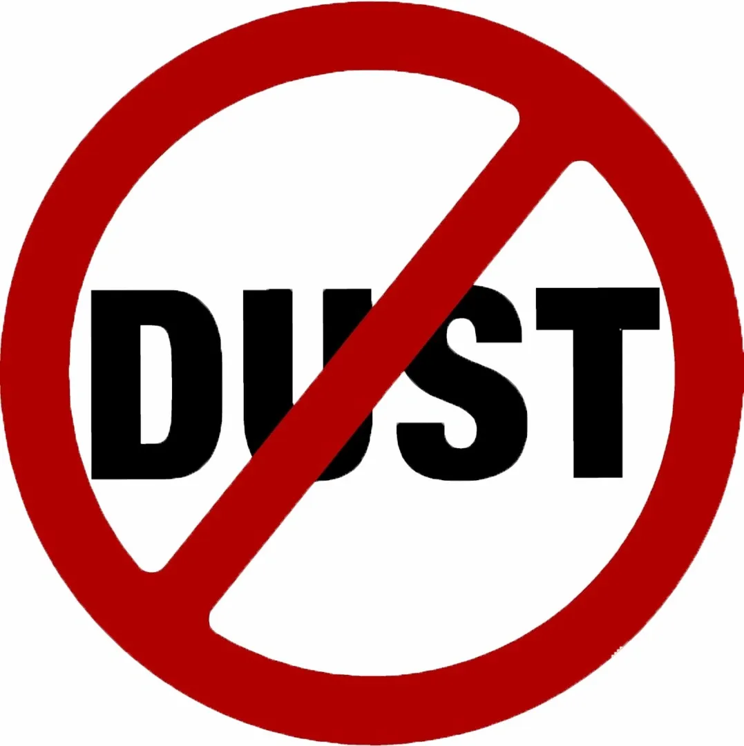 A red and white sign with the word " dust " in it.