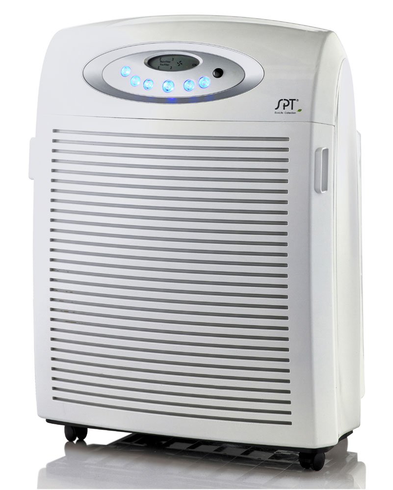 A white air cleaner with wheels and an lcd screen.