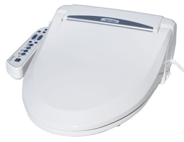 A white toilet seat with remote control on it.